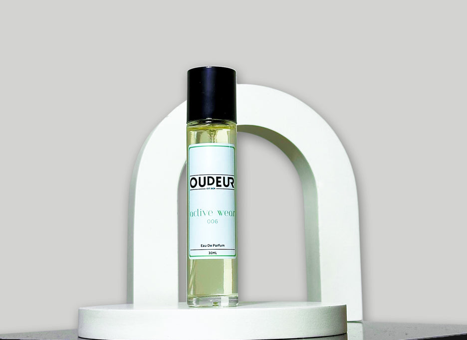 A bottle of perfume labeled 'DUPEUS' placed under a white arch on a grey background, representing the product '006 - Inspired by MFK Gentle Fluidity'.