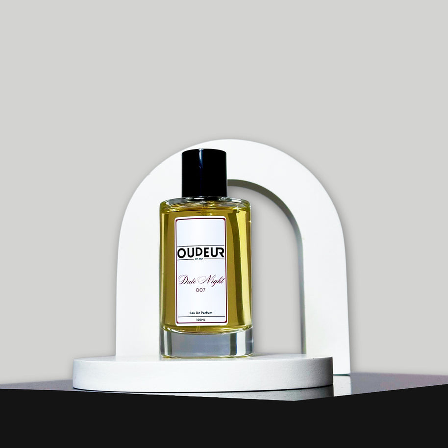 A bottle of perfume with a label that reads 'OUDENA - 007 Inspired by LV Ombre Nomade', placed on a white stand against a neutral background.